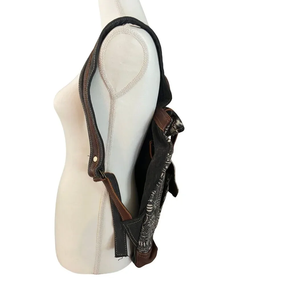 Myra Bag Cowhide Leather Canvas Backpack Brown Ivory Gray Multi Pocket